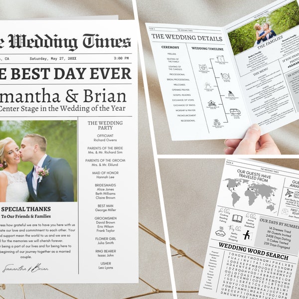 Folded Newspaper Wedding Program Template Printable Wedding Programs Timeline Template Fun WeddingProgram Editable Newspaper template canva