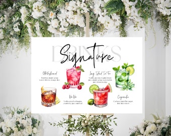 Featured Signature Drink Sign Bar Menu Template Minimalist Printable Bar Menu Modern Editable Drink Menu Template with Drinks and Garnishes