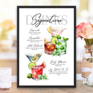 Wyróżniony podpis Drink Sign Bar Menu Szablon Minimalistyczny drukowany bar Menu Nowoczesny edytowalny szablon menu drinków z drinkami i dodatkami