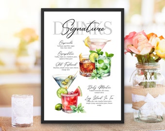 Featured Signature Drink Sign Bar Menu Template Minimalist Printable Bar Menu Modern Editable Drink Menu Template with Drinks and Garnishes