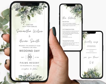 Digital Wedding Invitation Online Invitation Template Eco-Friendly E-Invite Electronic Wedding Invitation Eucalyptus Digital Wedding Invite
