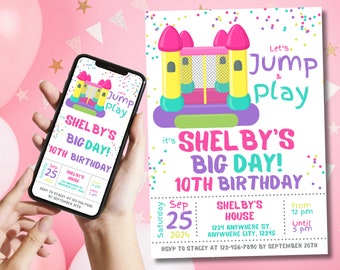 Bouncy House Birthday Invitation Editable Girl 10th Birthday Evite Invitation Lets Jump Girl Birthday Party Printable Invites Canva Template