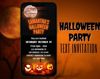 May include: A smartphone screen displaying a Halloween party invitation with the text "Samantha's Halloween Party" in orange and black. The invitation includes the date, time, address, and contact information. The background of the invitation is a dark blue with a full moon.