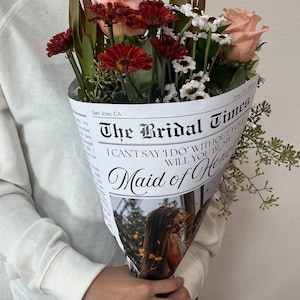Trauzeugin Vorschlag Zeitung, bearbeitbare Canva Blumenstrauß Verpackung, druckbare Trauzeugin Zeitungsvorlage, Vorschlag Kartenvorlage
