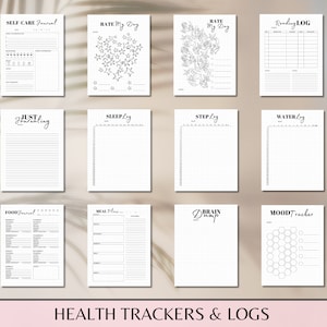 May include: A set of printable black and white planner pages with titles such as "Self Care Journal", "Rate My Day", "Reading Log", "Just Journaling", "Sleep Log", "Step Log", "Water Log", "Food Journal", "Meal Plan", "Brain Dump", and "Mood Tracker".