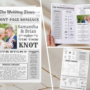 Puede incluir: Un anuncio de boda al estilo de un periódico con una foto de la pareja, una línea de tiempo del día de la boda y una historia de amor sobre cómo se conocieron. El titular dice "Front-Page Romance" y los nombres de la pareja son Samantha y Brian.