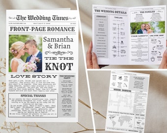Folded Newspaper Wedding Program Template Printable Wedding Programs Timeline Template Fun WeddingProgram Editable Newspaper template canva