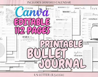 Editable Yearly Bullet Journal Printable Bujo Spread US Letter Size Daily Weekly Monthly Habit Mood Trackers Journal Pages Canva Templates