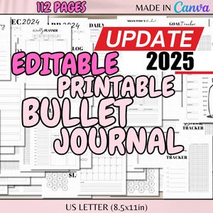 Bullet Journal editable, anual, imprimible, tamaño carta de EE. UU., diario, semanal, mensual, seguimiento de hábitos, estado de ánimo, páginas de diario, plantillas de Canva