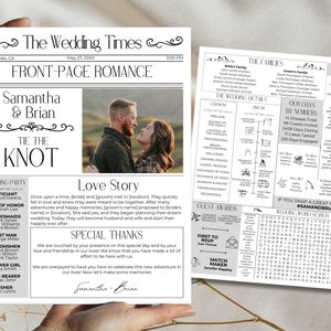 May include: A black and white wedding newspaper with the headline "The Wedding Times" and the names "Samantha & Brian." The front page includes a photo of the couple and details about the wedding party and love story.