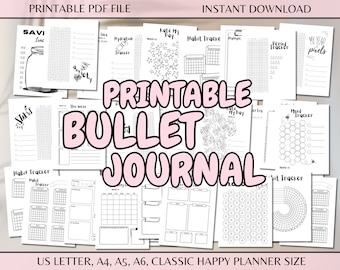 Printable Yearly Bullet Journal Bujo US Letter A4 A5 A6 Classic Planner Size Page Daily Monthly Templates Habit Mood Trackers PDF Download