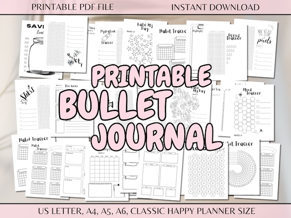 Printable Yearly Bullet Journal Bujo US Letter A4 A5 A6 Classic Planner Size Page Daily Monthly Templates Habit Mood Trackers PDF Download