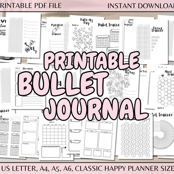 Bullet Journal annuel imprimable Bujo, lettre A4 A5 A6, agenda classique, page, modèles quotidiens mensuels, suivi de l'humeur, téléchargement PDF