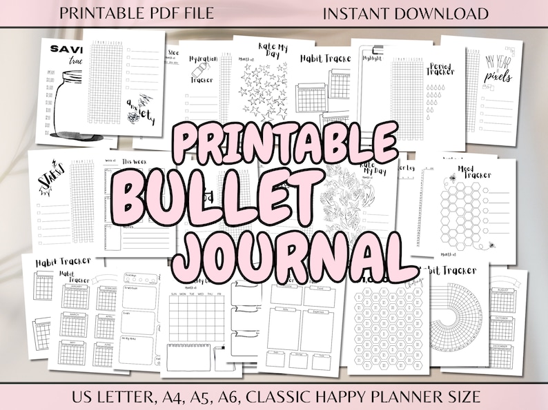 K&ouml;nnte beinhalten: Druckbare Bullet Journal-Seiten in Schwarzwei&szlig;. Die Seiten beinhalten eine Vielzahl von Layouts zum Verfolgen von Gewohnheiten, Stimmung, Schlaf und mehr. Der Text "Druckbares Bullet Journal" ist in rosa Buchstaben.