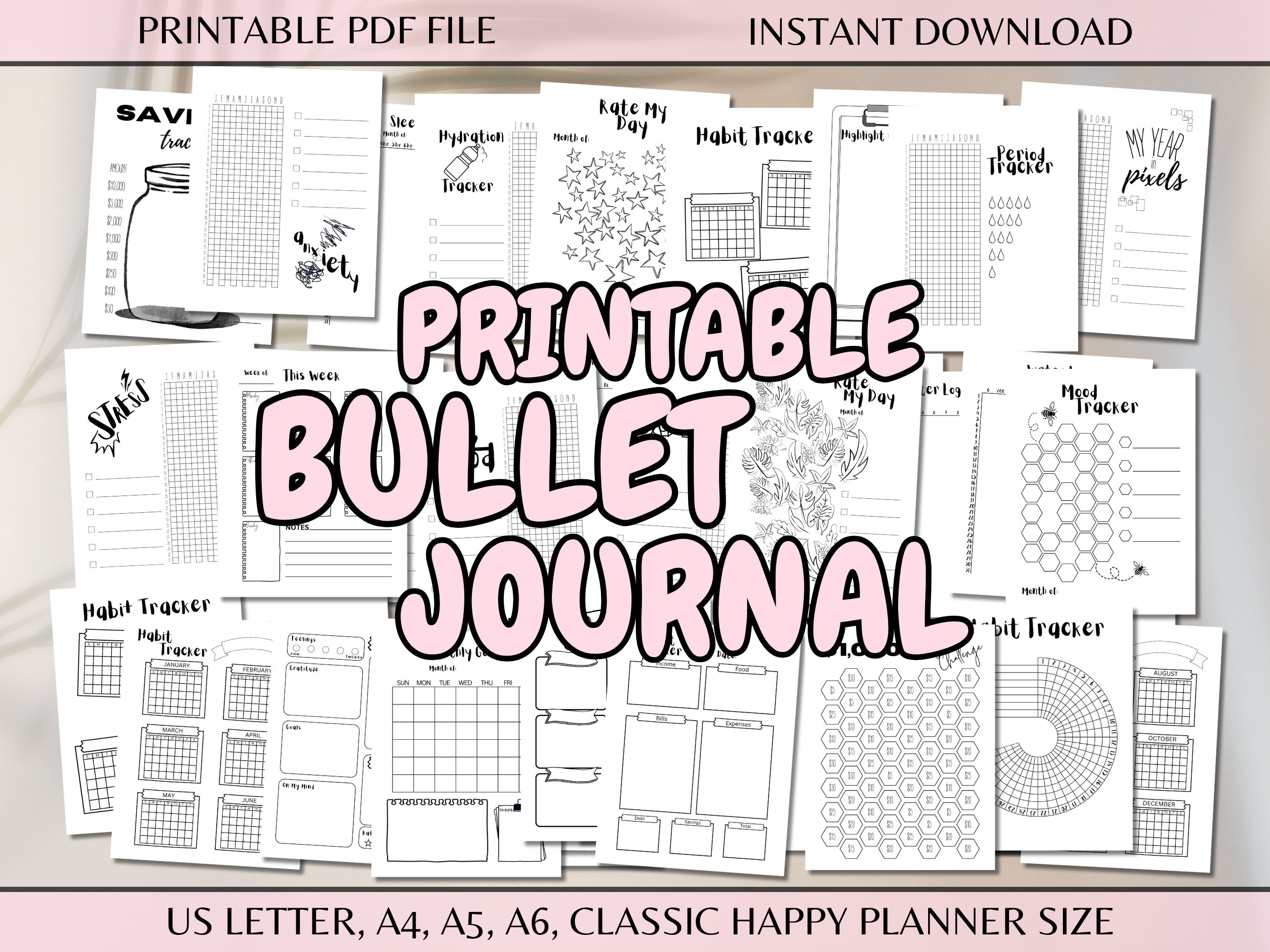 Druckbares Jahresbuch Bullet Journal Bujo US Letter A4 A5 A6 Klassisch Planer Größe Seite Täglich Monatliche Vorlagen Habit Stimmungs Tracker PDF Download