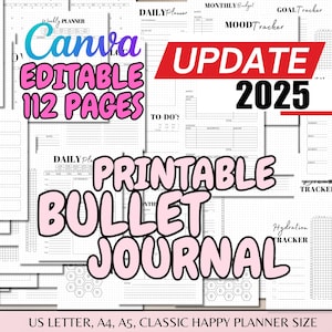 Plantillas editables de Bullet Journal anuales Bujo US Letter A4 A5 Planificador clásico Tamaño imprimible Plantilla de seguimiento de estado de ánimo de hábitos diarios mensuales Canva