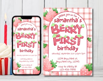 First Birthday Editable Invitation Berry First Birthday Digital Birthday Invitation Strawberry Birthday Invites 1st Birthday Invite Template