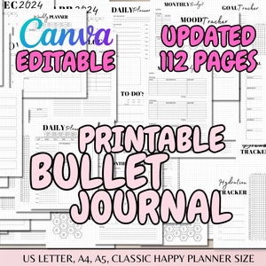 Editable Yearly Bullet Journal Templates Bujo US Letter A4 A5 Classic Planner Size Printable Daily Monthly Habit Mood Tracker Template Canva