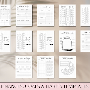 May include: A set of printable black and white budget, savings, goal, and habit tracker templates. The templates feature a honeycomb design and include titles such as "Monthly Budget", "30 Day Savings Challenge", "Savings Tracker", and "Goal Tracker".