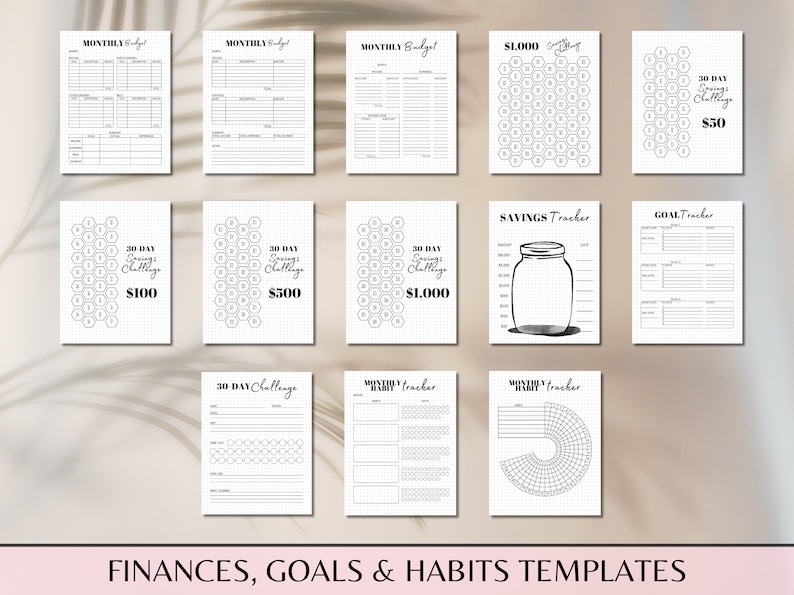 May include: A set of printable black and white budget, savings, goal, and habit tracker templates. The templates feature a honeycomb design and include titles such as "Monthly Budget", "30 Day Savings Challenge", "Savings Tracker", and "Goal Tracker".