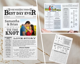 Folded Newspaper Wedding Program, Canva Template, Printable Wedding Programs, Timeline Template, Fun Wedding Program, Fun Editable Newspaper