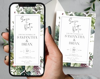Save The Date Template Eucalyptus Digital Save the Date Digital Download Smartphone Greenery Template Editable Text Evite