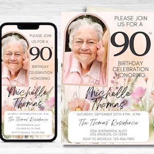 Faire-part 90e anniversaire, faire-part d'anniversaire, 90e anniversaire, faire-part numérique, faire-part 90e anniversaire pour elle, modèle modifiable, toile