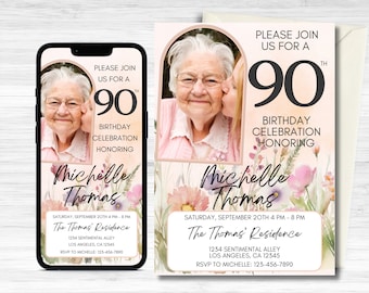 90th Birthday Invitation, Birthday Invitation,90th Birthday, Digital Invitation, 90th Birthday Invitation For Her, Editable Template, Canva