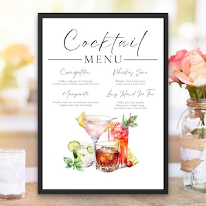Signature Drink Sign Bar Menü Vorlage Minimalistische Cocktail druckbare Barkarte Moderne bearbeitbare Getränkekarte Vorlage mit Getränken und Beilagen