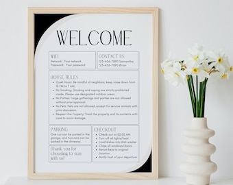 Airbnb Welcome Sign | Editable Template | Airbnb Host | Personalized Welcome | Wifi | Check-In Information, House Rules, Contact information