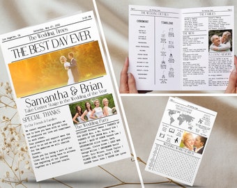 Folded Newspaper Wedding Program, Canva Template, Printable Wedding Programs, Timeline Template, Fun Wedding Program, Fun Editable Newspaper