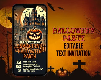 May include: A digital invitation for a Halloween party with a spooky haunted house, a jack-o-lantern, and a graveyard in the background. The text reads "You're invited to Samantha's Halloween Party. Sat Oct 31 From 3pm - 8pm 1234 Anywhere St Los Angeles, CA 12345 Contact Samantha to RSVP 123-456-7890."