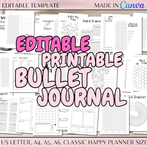 Editable Yearly Bullet Journal Templates Bujo US Letter A4 A5 A6 Planner Size Printable Page Daily Monthly Habit Mood Tracker Template Canva