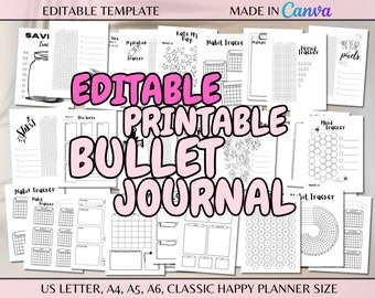 Editable Yearly Bullet Journal Templates Bujo US Letter A4 A5 A6 Planner Size Printable Page Daily Monthly Habit Mood Tracker Template Canva