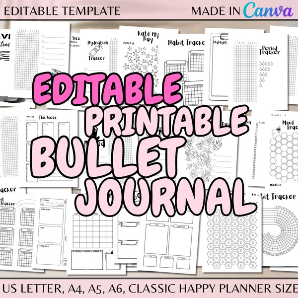 Editable Yearly Bullet Journal Templates Bujo US Letter A4 A5 A6 Planner Size Printable Page Daily Monthly Habit Mood Tracker Template Canva