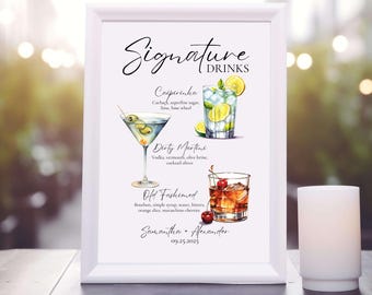 Custom Signature Drink Menu Personalize Cocktail Wedding Bar Menu Sign Minimalist Signature Bar Menu Modern Drink Menu with Drinks Garnishes