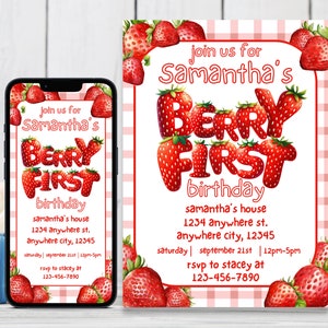 First Birthday Editable Invitation Berry First Birthday Digital Birthday Invitation Strawberry Birthday Invites 1st Birthday Invite Template