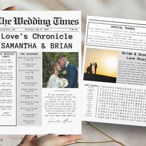 May include: A wedding announcement newspaper with a black and white design. The headline reads "Love's Chronicle" with the couple's names, Samantha and Brian, below. The newspaper includes a wedding party list, ceremony schedule, and a word search puzzle.