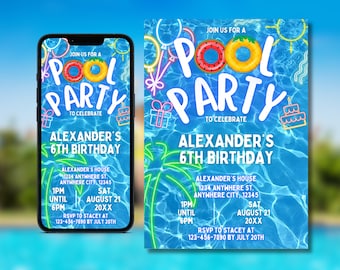 Pool Party Invitation, Summer Birthday Party Evite, Text Invitation, Kids Editable Invitation, Digital Invitation, 6th Birthday Party Invite