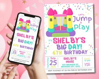 Bouncy House Birthday Invitation Editable Girl 6th Birthday Evite Invitation Lets Jump Girl Birthday Party Printable Invites Canva Template