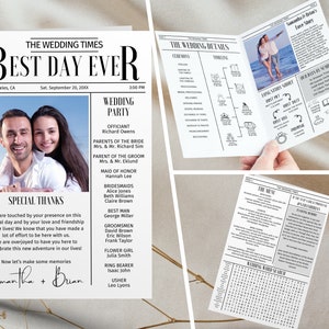 Puede incluir: Un anuncio de boda en blanco y negro con estilo de periódico con una foto de la pareja, una línea de tiempo del día de la boda y una lista de los invitados a la boda. El titular dice "Best Day Ever".