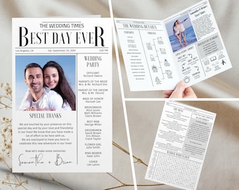 May include: A black and white newspaper-style wedding announcement with a photo of the couple, a timeline of the wedding day, and a list of the wedding party. The headline reads "Best Day Ever".