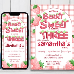 Bearbeitbare Geburtstagseinladung für Mädchen, Berry Sweet, 3. Geburtstag, digitale und druckbare Geburtstagseinladung, süße Erdbeer-Mädchen-Vorlage zum dritten Geburtstag