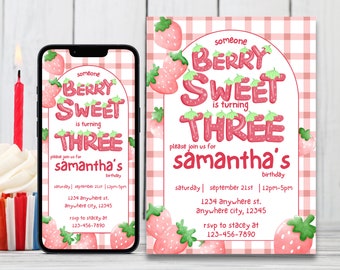 Girl Birthday Editable Invitation Berry Sweet 3rd Birthday Digital & Printable Birthday Invite Cute Strawberry Girl Third Birthday Template