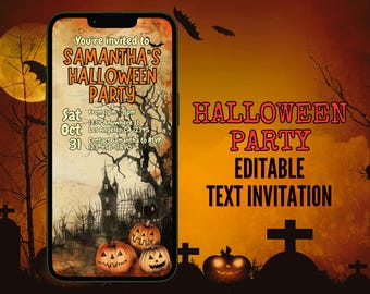 May include: Editable Halloween party invitation with a spooky, vintage-style design. The invitation features a haunted house, a full moon, and pumpkins. The text reads "You're invited to Samantha's Halloween Party, Sat Oct 31, from 3pm-8pm, 1234 Anywhere St, Los Angeles, CA 12345, Contact Samantha to RSVP 123-456-7890."