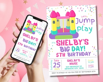 Bouncy House Birthday Invitation Editable Girl 5th Birthday Evite Invitation Lets Jump Girl Birthday Party Printable Invites Canva Template