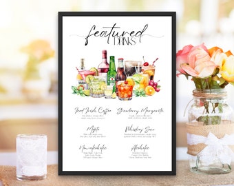 Featured Signature Drink Sign Bar Menu Template Minimalist Printable Bar Menu Modern Editable Drink Menu Template with Drinks and Garnishes