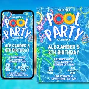 May include: A blue pool party invitation with a yellow and red inflatable ring, palm trees, and the text "Join us for a Pool Party to celebrate Alexander's 8th Birthday".
