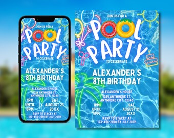 Pool Party Invitation, Summer Birthday Party Evite, Text Invitation, Kids Editable Invitation, Digital Invitation, 8th Birthday Party Invite