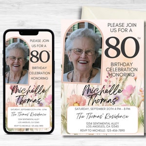 Faire-part 80e anniversaire, faire-part d'anniversaire, 80e anniversaire, faire-part numérique, faire-part 80e anniversaire pour elle, modèle modifiable, toile